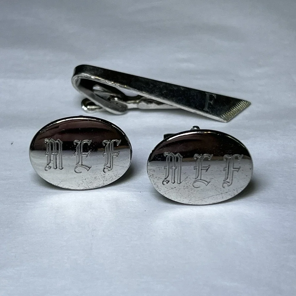 MEF Monogram Letter Engraved Sterling Silver Vintage ANSON Cuff‎ Links Tie Clip